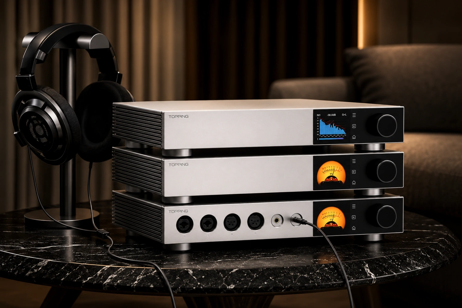 The TOPPING Pre900 is a fully balanced hi-fi preamplifier featuring relay-based 1000-step volume control, XLR connectivity, ultra-low distortion, and professional-grade signal handling for desktop and high-end audio systems.