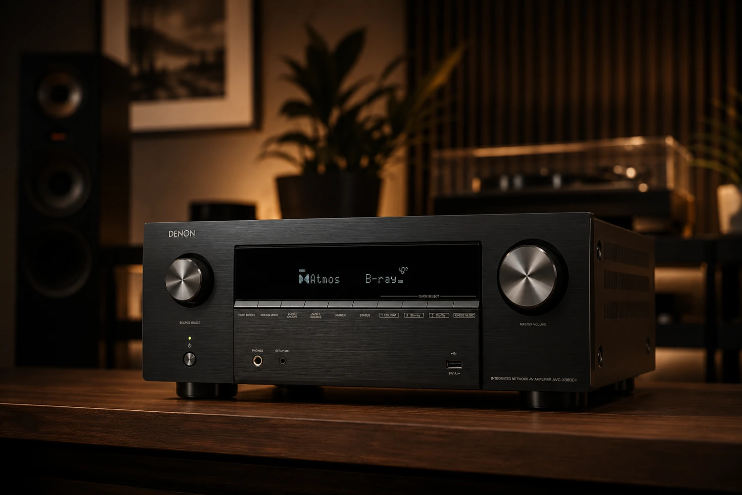 AV receiver connected to five speakers, an active subwoofer and HDMI sources for a 5.1 surround sound setup