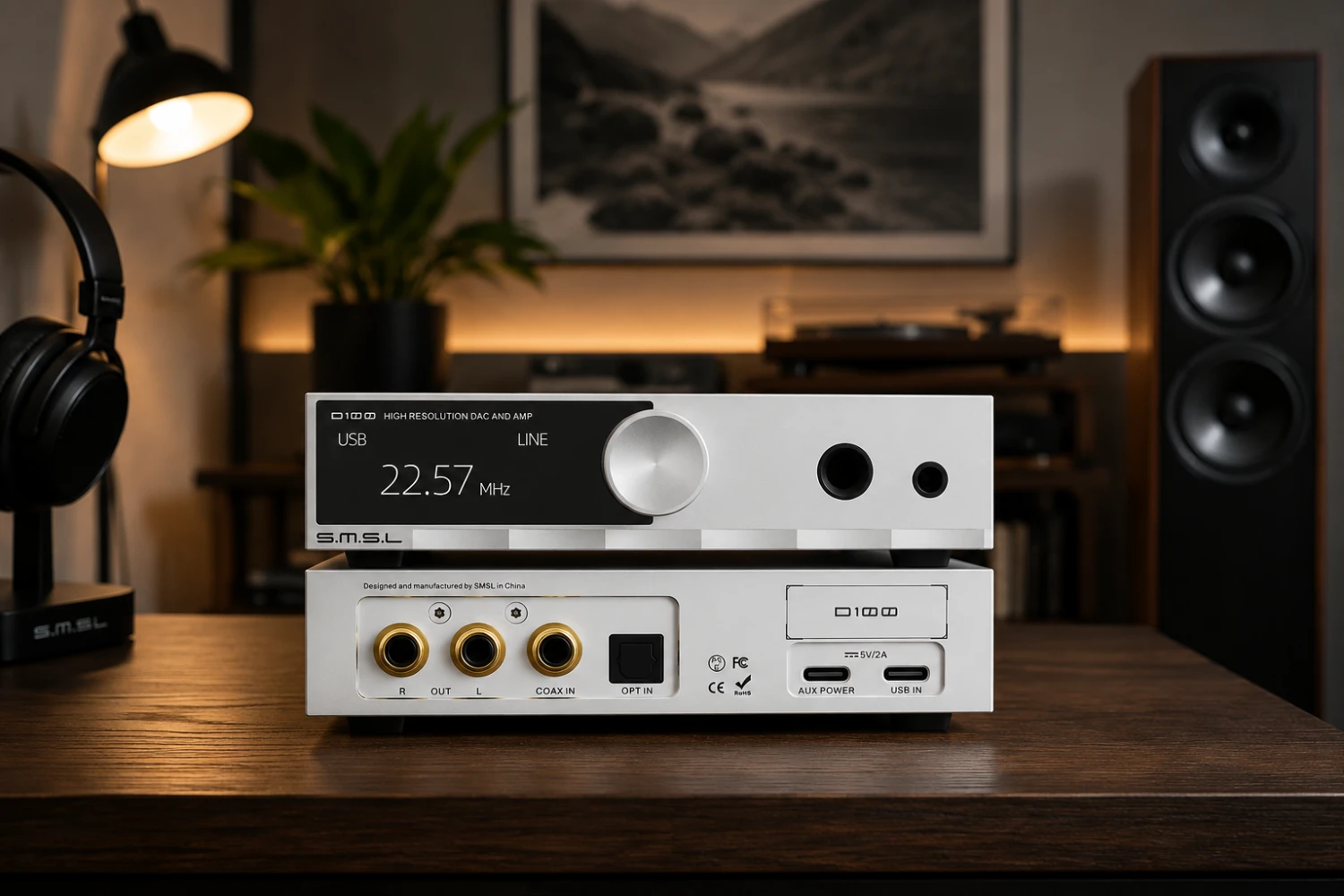 The SMSL D100 combines a desktop USB DAC, line-level RCA output and balanced headphone amplifier in a CNC-machined aluminum enclosure.